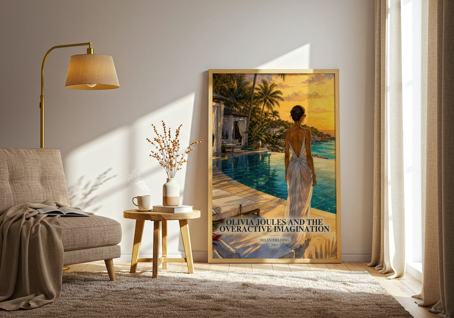 Olivia Joules And The Overactive Imagination watercolour print in frame leaning in hallway – contemporary fiction wall art