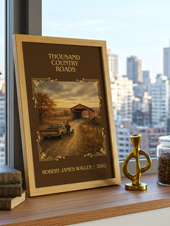 Thousand Country Roads Classic Book Art Print by Robert James Waller – framed print on a city-view windowsill