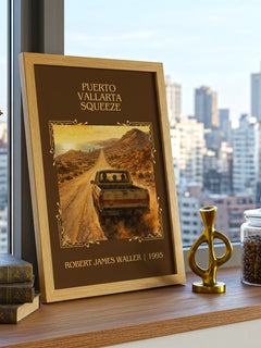 Puerto Vallarta Squeeze Classic Book Art Print by Robert James Waller – framed print on a city-view windowsill