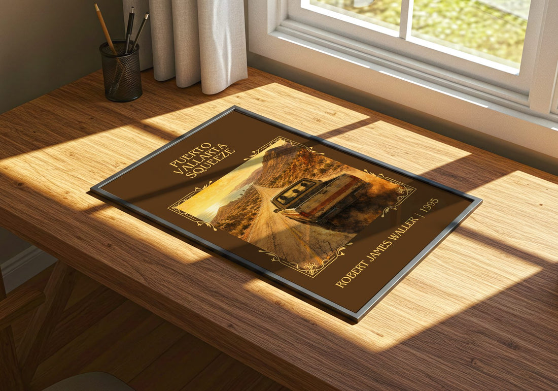 Puerto Vallarta Squeeze Classic Book Art Print by Robert James Waller – print on a sunlit desk