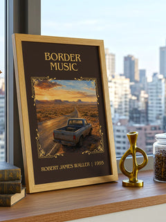 Border Music Classic Book Art Print by Robert James Waller – framed print on a city-view windowsill