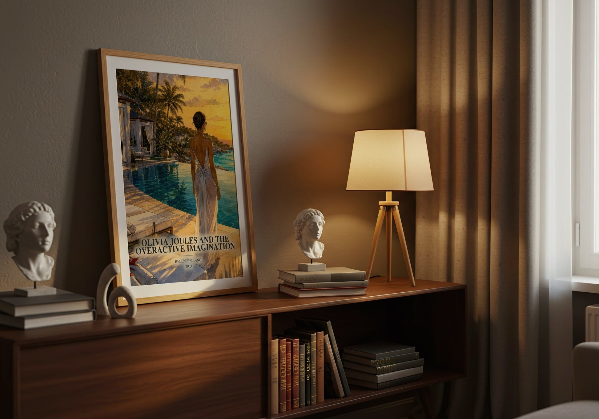 Olivia Joules And The Overactive Imagination watercolour print on bookshelf – Helen Fielding fan gift