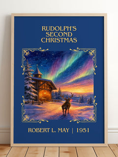 Rudolph's Second Christmas Classic Book Art Print by Robert L. May – framed print leaning on a wooden floor