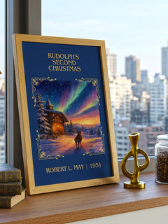 Rudolph's Second Christmas Classic Book Art Print by Robert L. May – framed print on a city-view windowsill