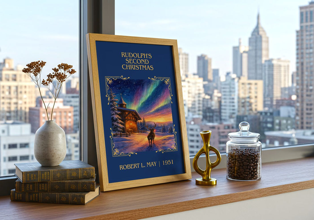 Rudolph's Second Christmas Classic Book Art Print by Robert L. May – framed print on a city-view windowsill