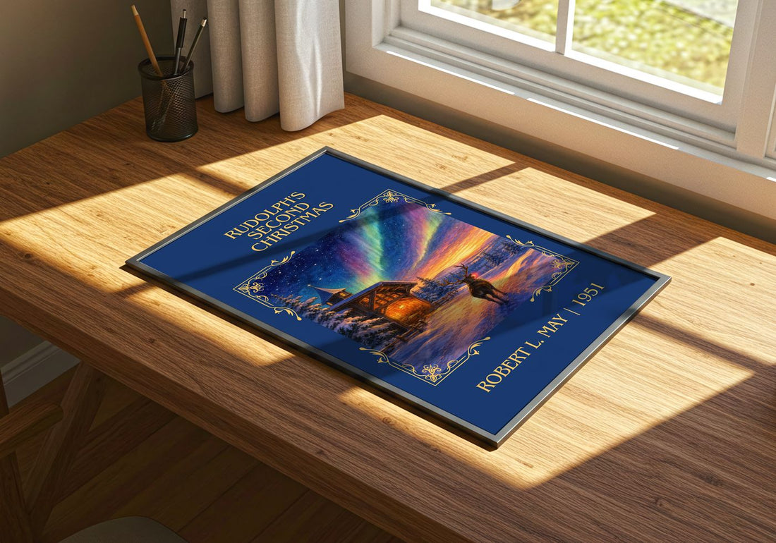 Rudolph's Second Christmas Classic Book Art Print by Robert L. May – print on a sunlit desk