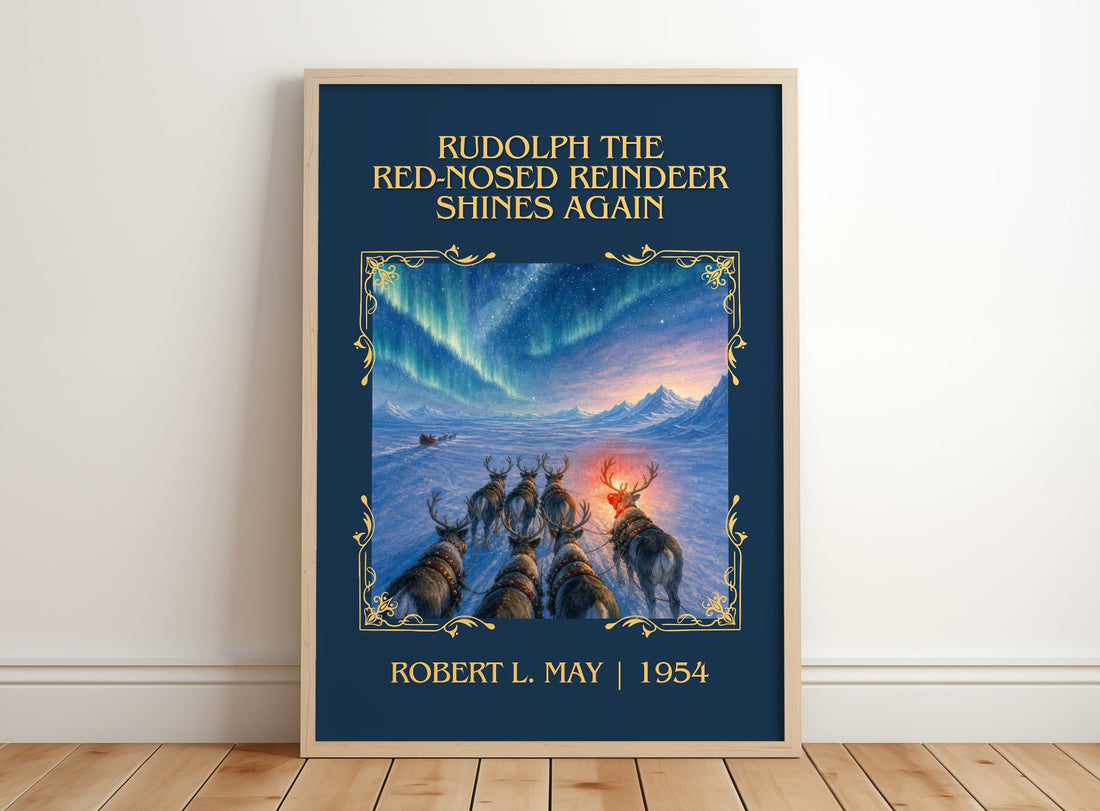 Rudolph The Red-Nosed Reindeer Shines Again Classic Book Art Print by Robert L. May – framed print leaning on a wooden floor