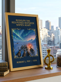 Rudolph The Red-Nosed Reindeer Shines Again Classic Book Art Print by Robert L. May – framed print on a city-view windowsill