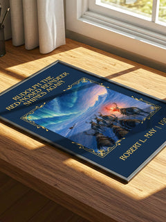 Rudolph The Red-Nosed Reindeer Shines Again Classic Book Art Print by Robert L. May – print on a sunlit desk