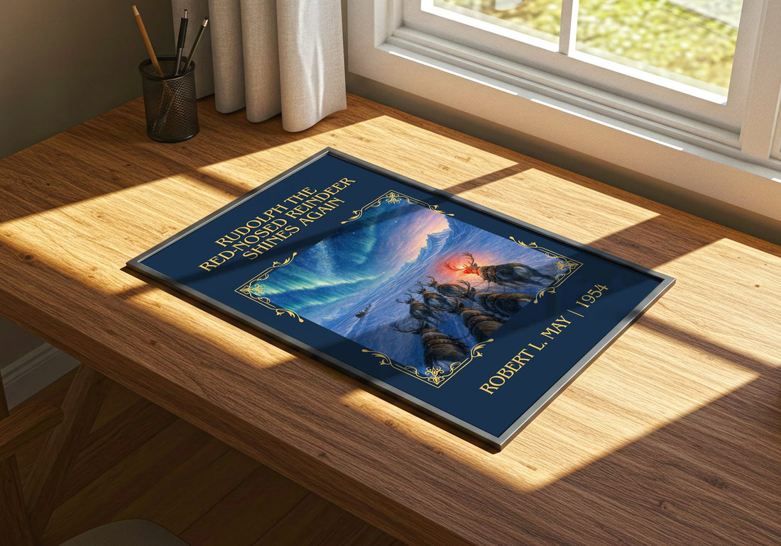 Rudolph The Red-Nosed Reindeer Shines Again Classic Book Art Print by Robert L. May – print on a sunlit desk