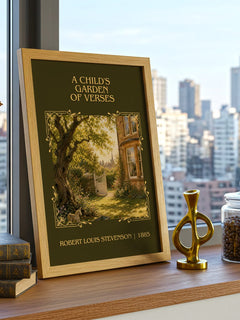 Child's Garden Of Verses Classic Book Art Print by R. Stevenson – framed print on a city-view windowsill