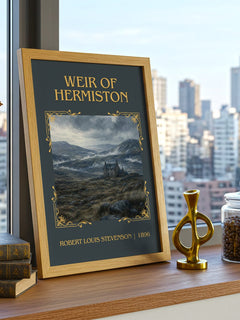 Weir Of Hermiston Classic Book Art Print by Robert Louis Stevenson – framed print on a city-view windowsill