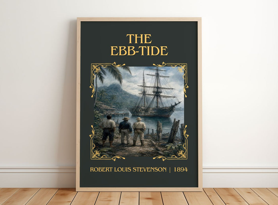 The Ebb-Tide Classic Book Art Print by Robert Louis Stevenson – framed print leaning on a wooden floor