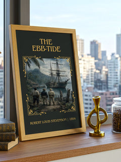 The Ebb-Tide Classic Book Art Print by Robert Louis Stevenson – framed print on a city-view windowsill