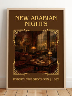 New Arabian Nights Classic Book Art Print by Robert Louis Stevenson – framed print leaning on a wooden floor