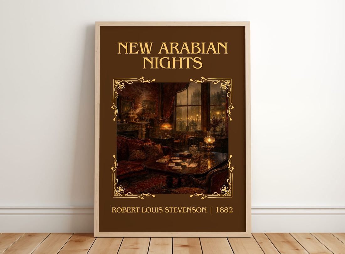 New Arabian Nights Classic Book Art Print by Robert Louis Stevenson – framed print leaning on a wooden floor