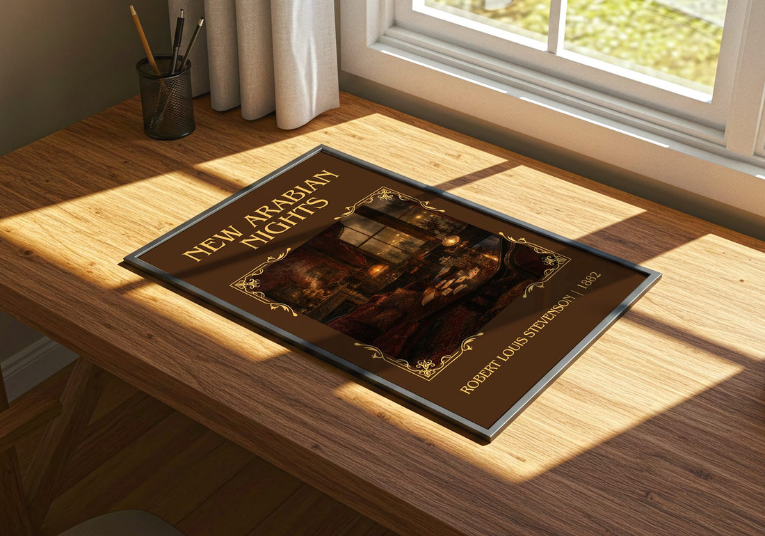 New Arabian Nights Classic Book Art Print by Robert Louis Stevenson – print on a sunlit desk