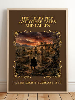 The Merry Men And Other Tales And Fables Classic Book Art Print by Robert Louis Stevenson – framed print leaning on a wooden floor