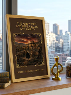 The Merry Men And Other Tales And Fables Classic Book Art Print by Robert Louis Stevenson – framed print on a city-view windowsill