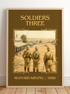 Soldiers Three Classic Book Art Print by Rudyard Kipling – framed print leaning on a wooden floor