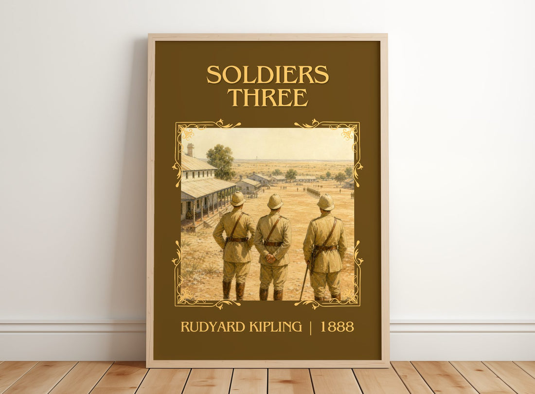Soldiers Three Classic Book Art Print by Rudyard Kipling – framed print leaning on a wooden floor