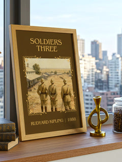 Soldiers Three Classic Book Art Print by Rudyard Kipling – framed print on a city-view windowsill