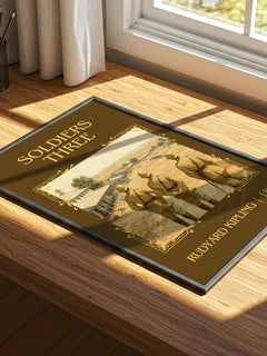 Soldiers Three Classic Book Art Print by Rudyard Kipling – print on a sunlit desk
