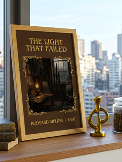 The Light That Failed Classic Book Art Print by Rudyard Kipling – framed print on a city-view windowsill