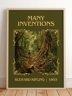 Many Inventions Classic Book Art Print by Rudyard Kipling – framed print leaning on a wooden floor