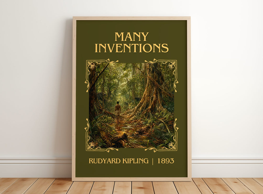 Many Inventions Classic Book Art Print by Rudyard Kipling – framed print leaning on a wooden floor