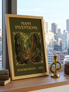 Many Inventions Classic Book Art Print by Rudyard Kipling – framed print on a city-view windowsill