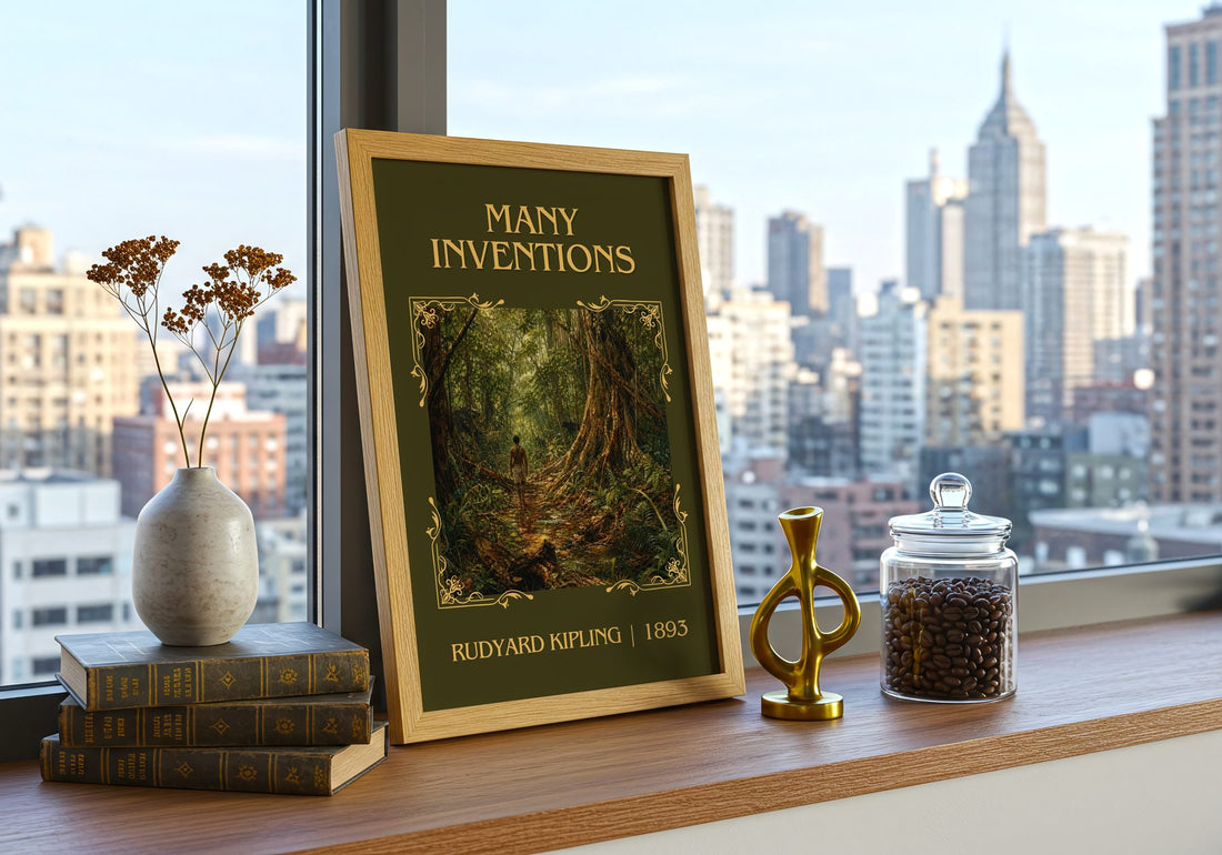 Many Inventions Classic Book Art Print by Rudyard Kipling – framed print on a city-view windowsill