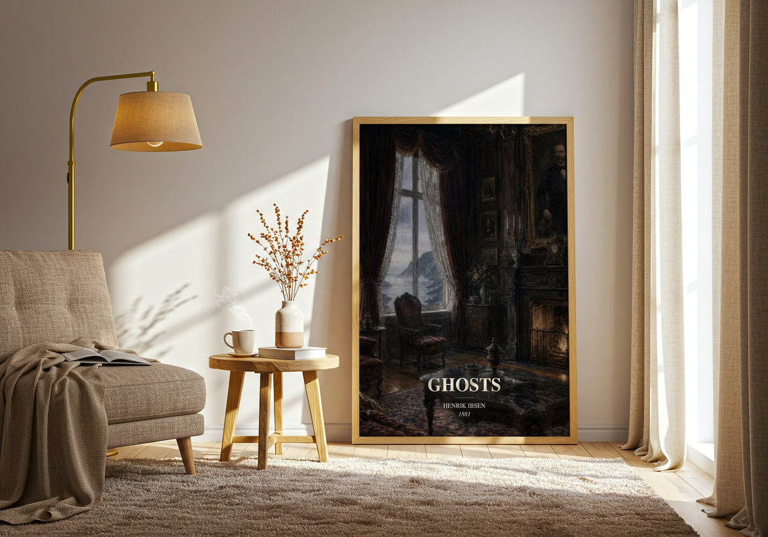 Ghosts watercolour print in frame leaning in hallway – classic literature wall art (mockup)