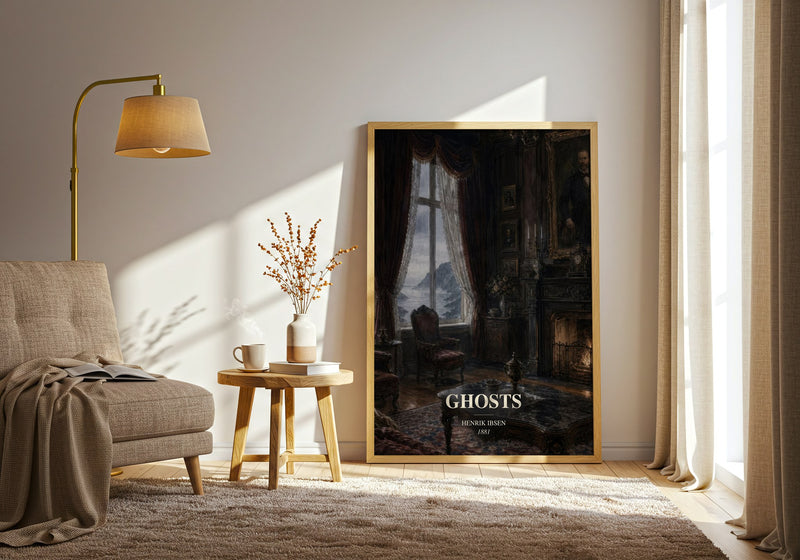 Ghosts watercolour print in frame leaning in hallway – classic literature wall art