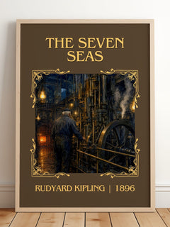 The Seven Seas Classic Book Art Print by Rudyard Kipling – framed print leaning on a wooden floor