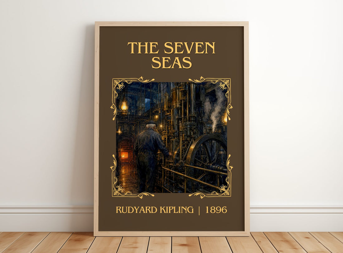The Seven Seas Classic Book Art Print by Rudyard Kipling – framed print leaning on a wooden floor