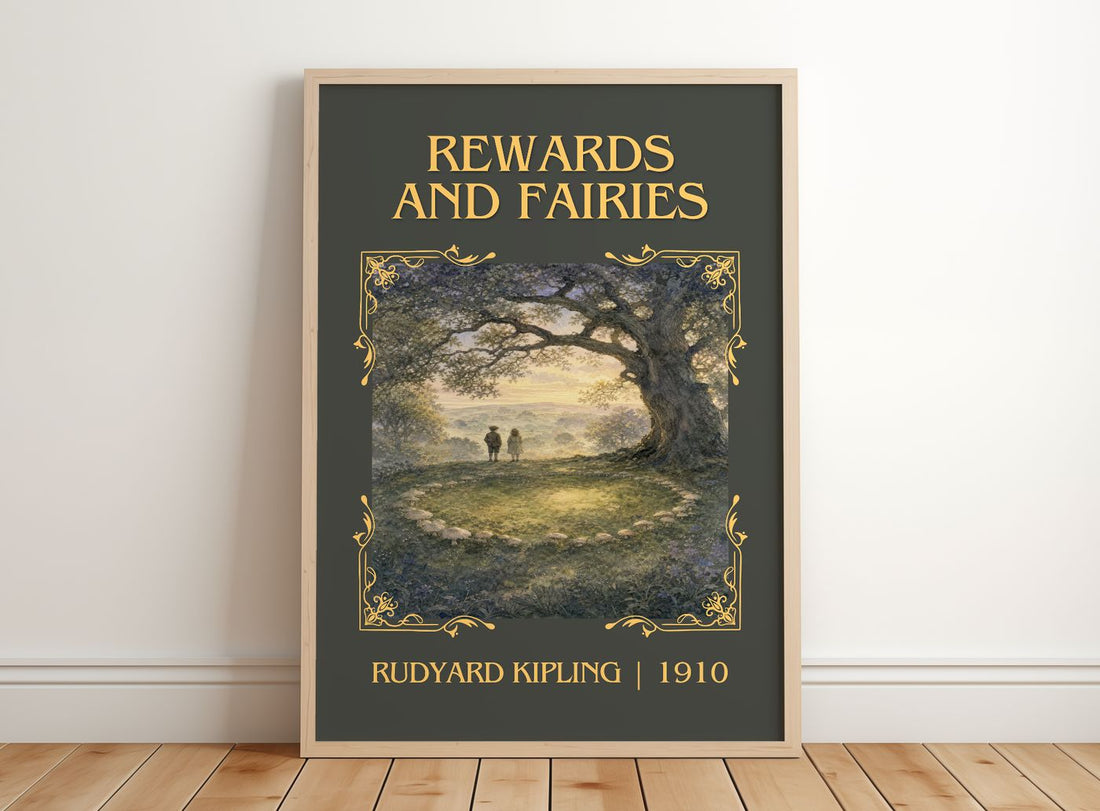 Rewards And Fairies Classic Book Art Print by Rudyard Kipling – framed print leaning on a wooden floor