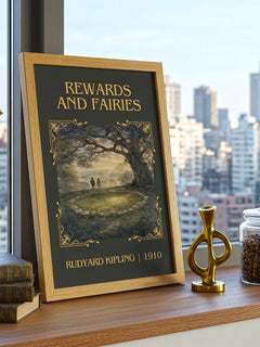 Rewards And Fairies Classic Book Art Print by Rudyard Kipling – framed print on a city-view windowsill