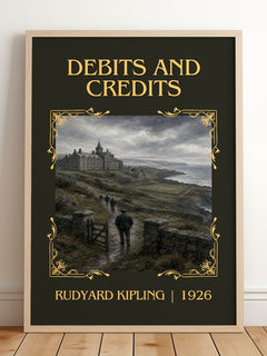Debits And Credits Classic Book Art Print by Rudyard Kipling – framed print leaning on a wooden floor