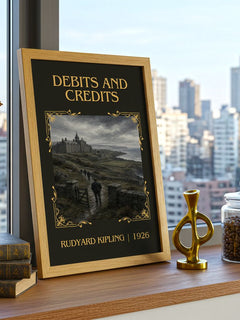 Debits And Credits Classic Book Art Print by Rudyard Kipling – framed print on a city-view windowsill