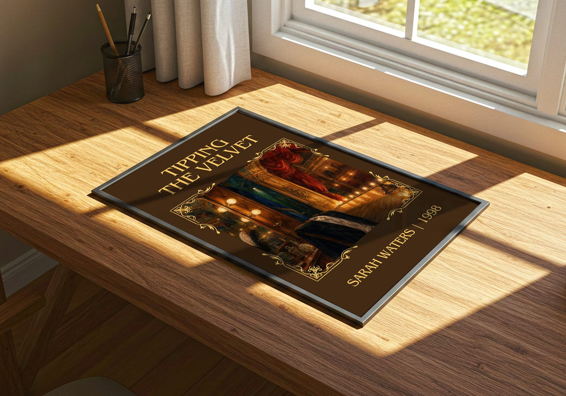 Tipping The Velvet Classic Book Art Print by Sarah Waters – print on a sunlit desk
