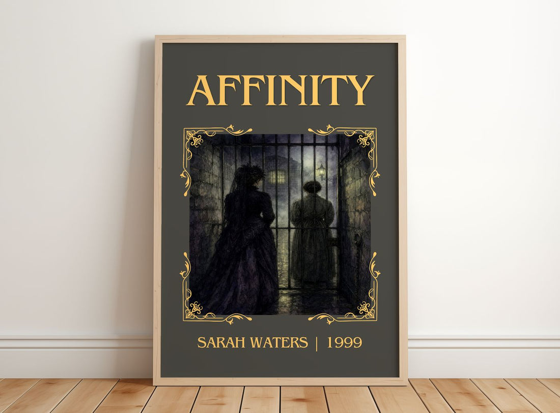 Affinity Classic Book Art Print by Sarah Waters – framed print leaning on a wooden floor