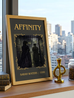 Affinity Classic Book Art Print by Sarah Waters – framed print on a city-view windowsill