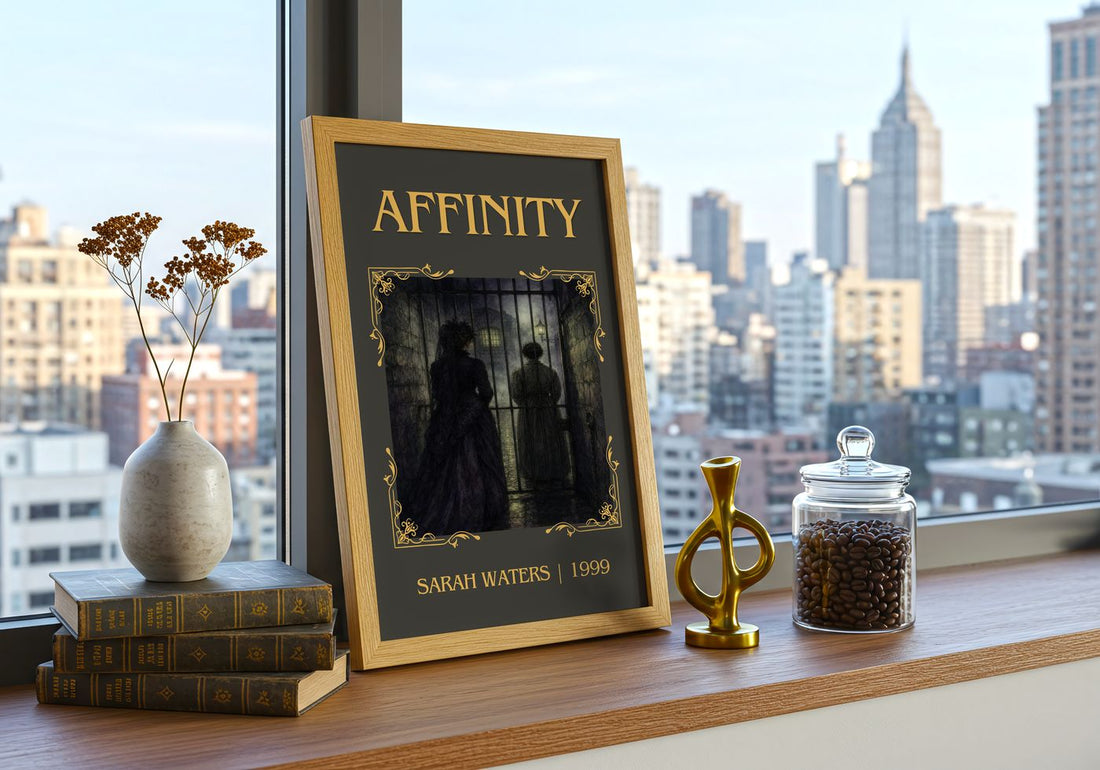 Affinity Classic Book Art Print by Sarah Waters – framed print on a city-view windowsill