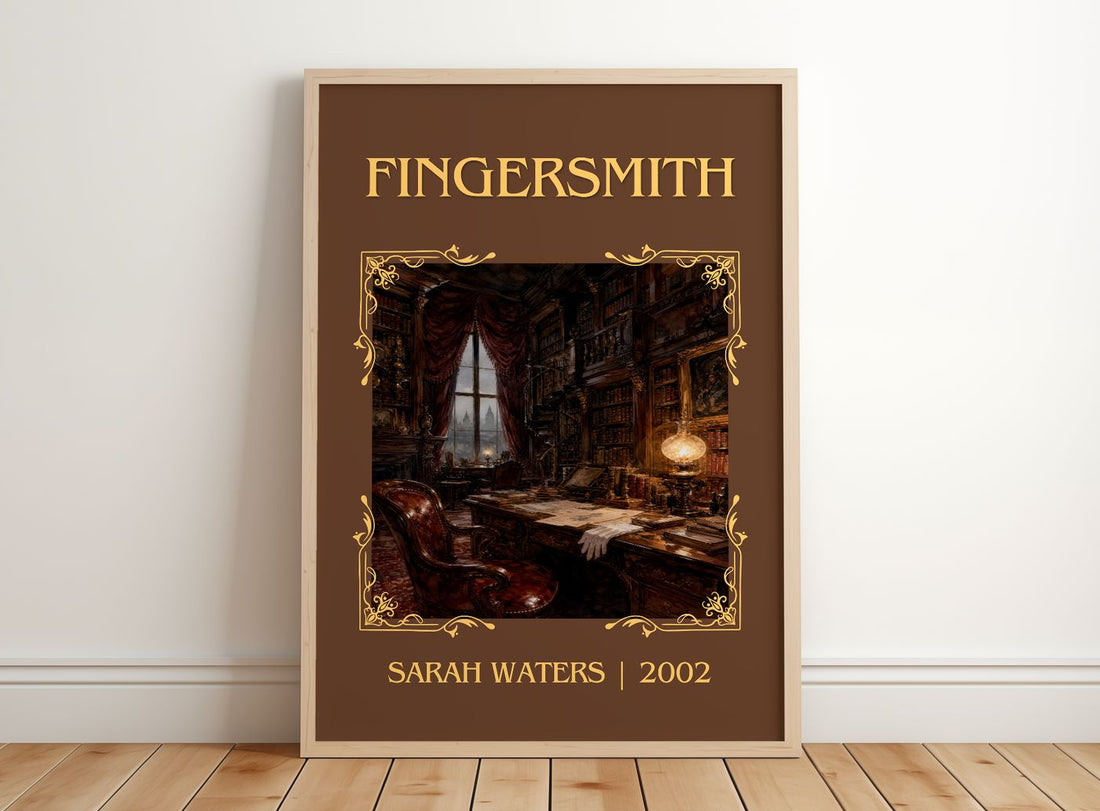 Fingersmith Classic Book Art Print by Sarah Waters – framed print leaning on a wooden floor