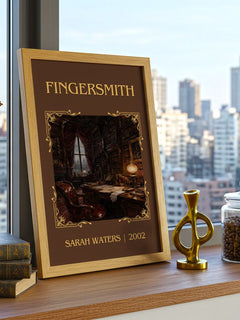 Fingersmith Classic Book Art Print by Sarah Waters – framed print on a city-view windowsill