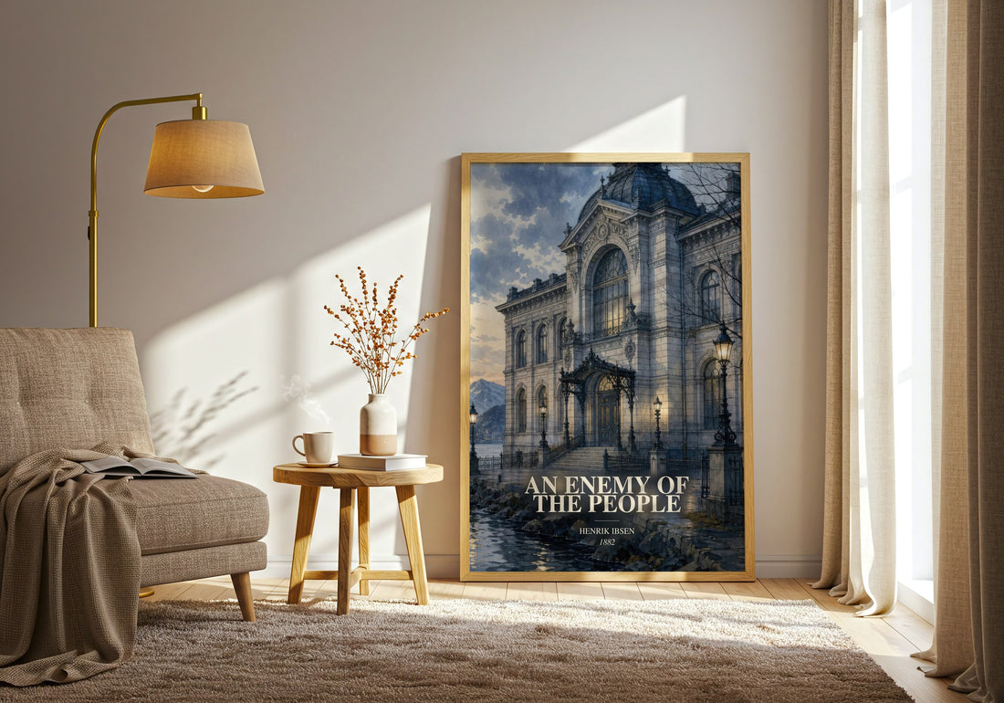 An Enemy Of The People watercolour print in frame leaning in hallway – classic literature wall art (mockup)