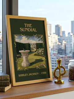 The Sundial Classic Book Art Print by Shirley Jackson – framed print on a city-view windowsill