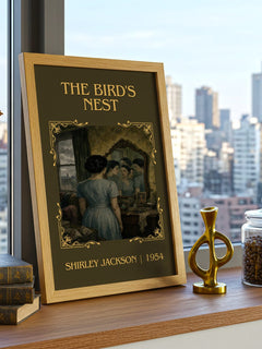 The Bird's Nest Classic Book Art Print by Shirley Jackson – framed print on a city-view windowsill