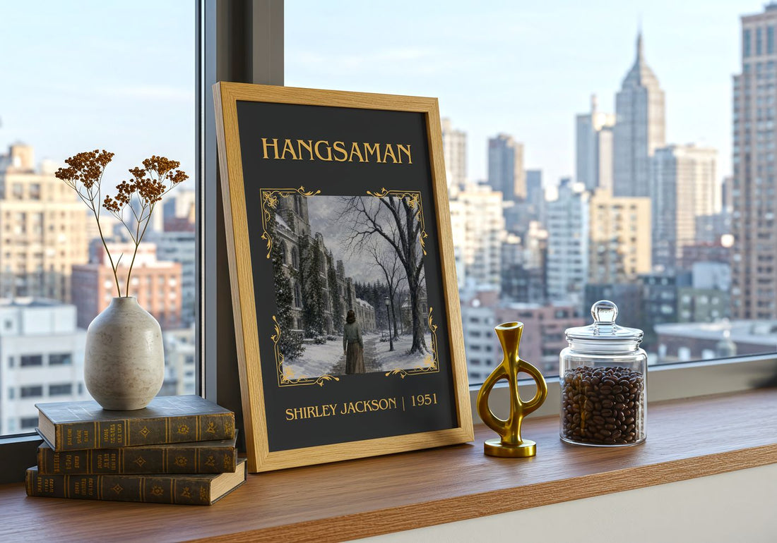 Hangsaman Classic Book Art Print by Shirley Jackson – framed print on a city-view windowsill